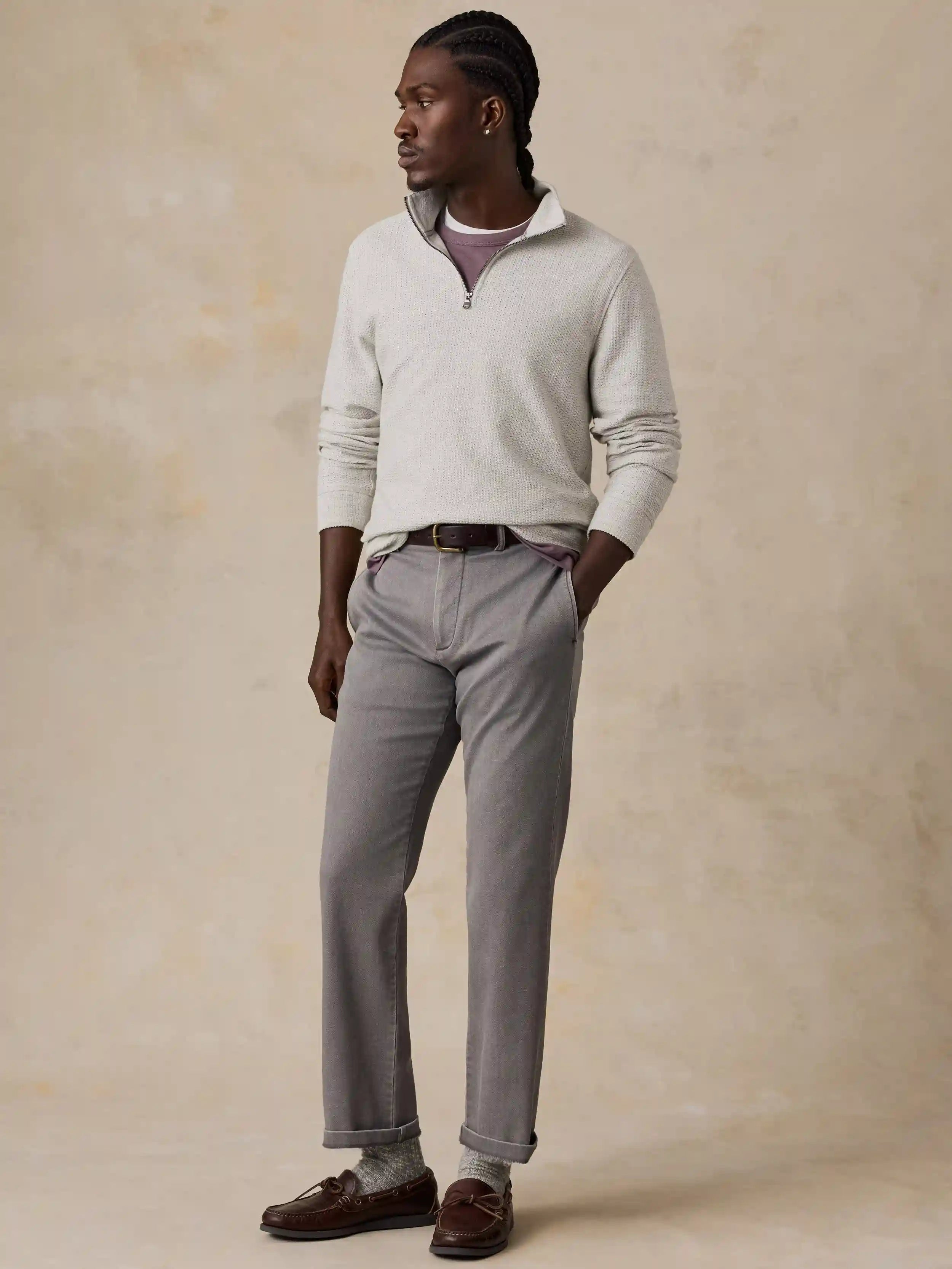 Textured Knit Quarter Zip - Snow Grey Heather