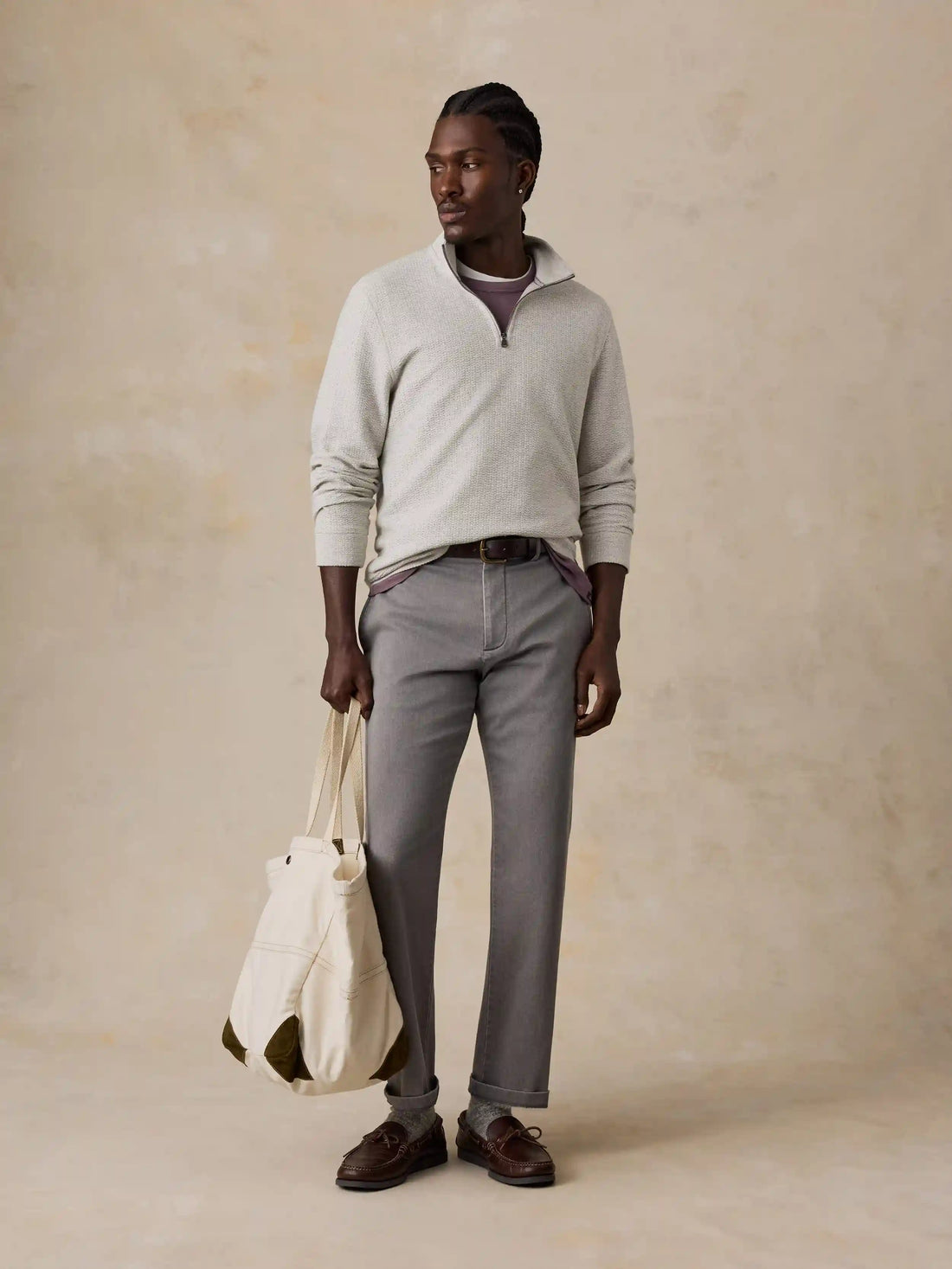 Textured Knit Quarter Zip - Snow Grey Heather