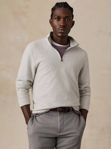 Textured Knit Quarter Zip - Snow Grey Heather