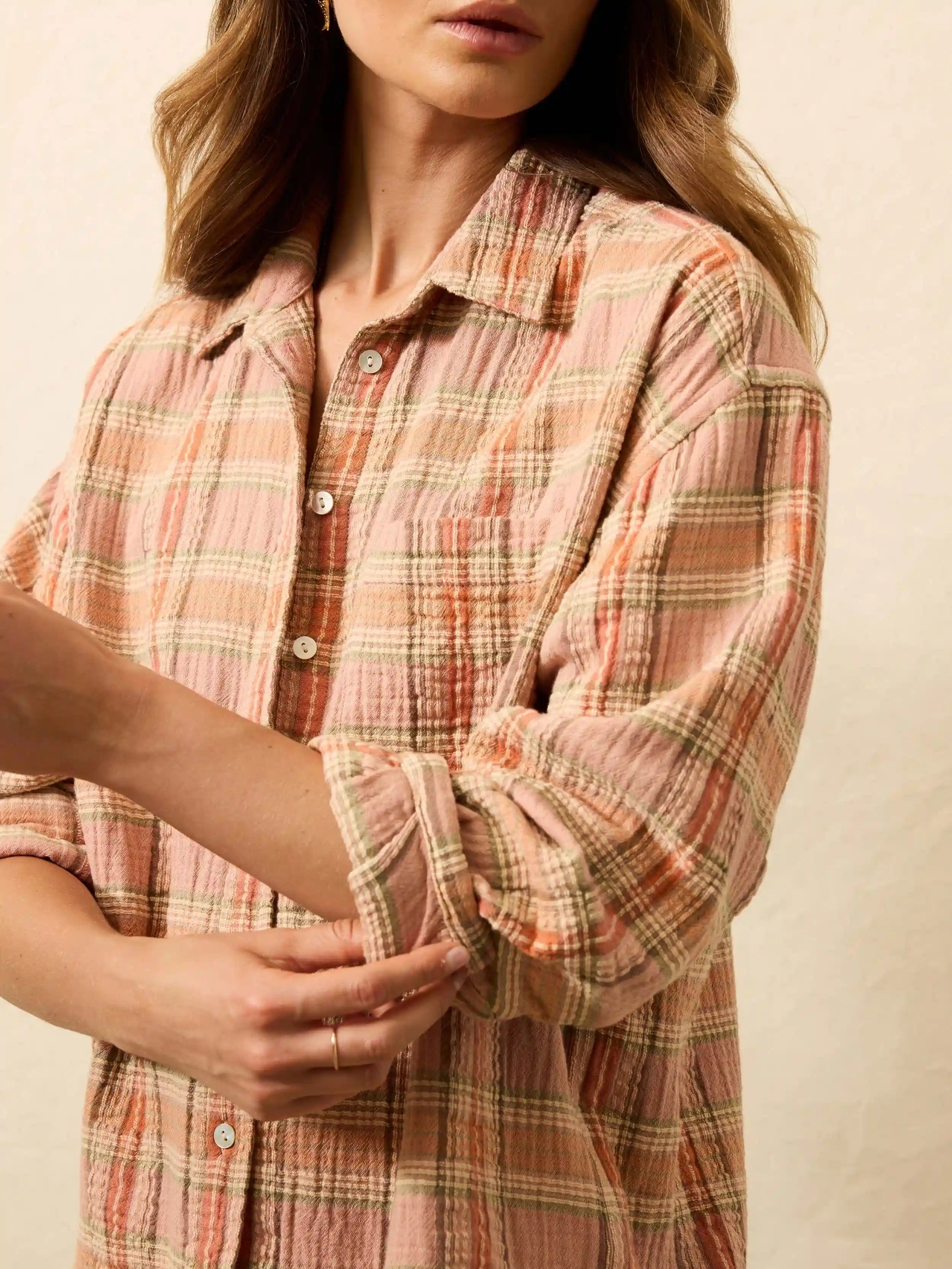 Dune Cotton Gauze Relaxed Shirt - Tinted Rose Water Plaid