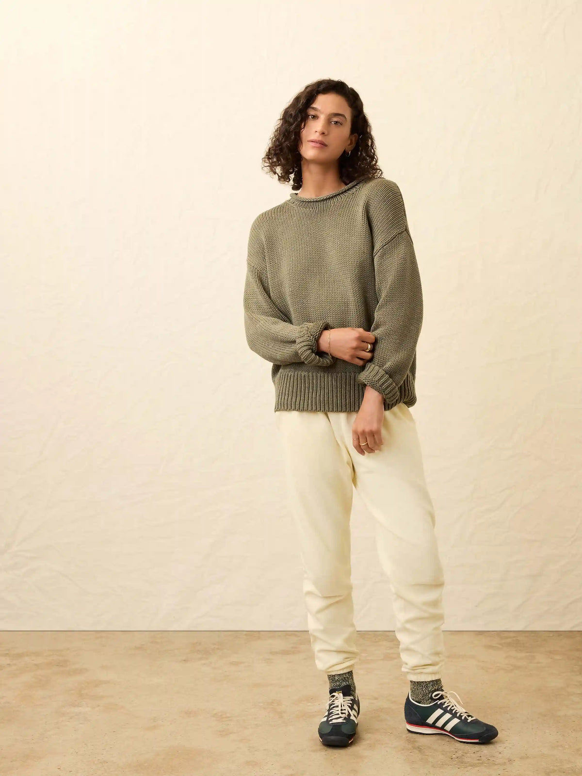 Sunwashed Cotton Roll Neck Sweater - Sage