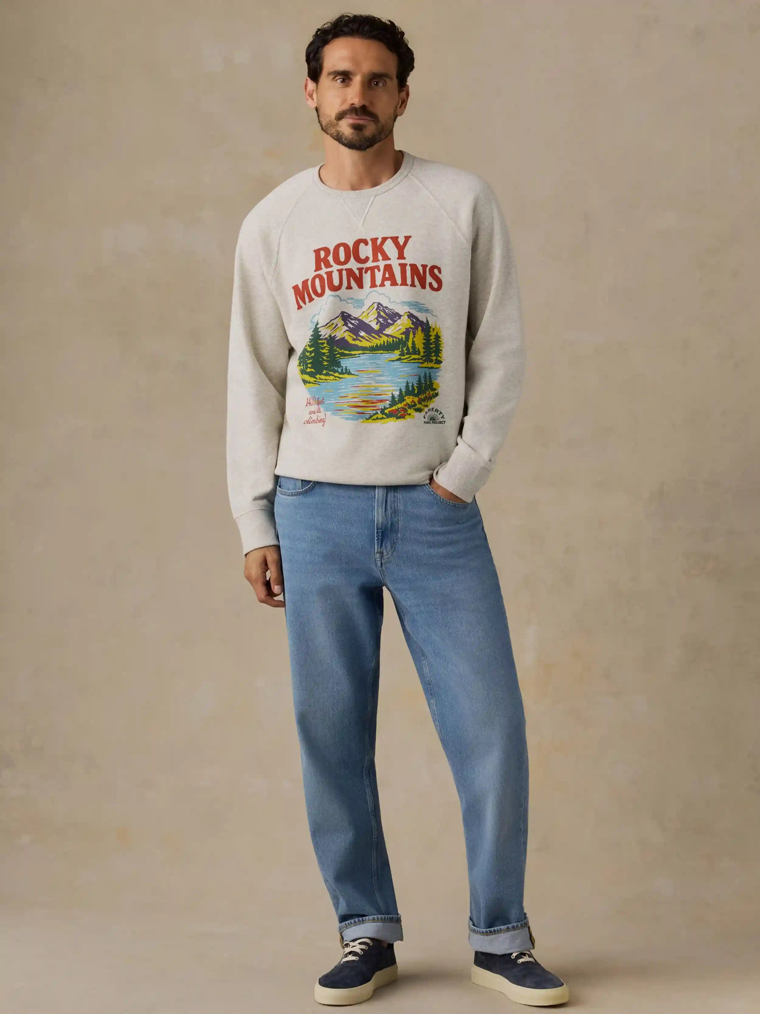 Faherty x Parks Project Rocky Mountains High Standard Fleece Crewneck - Antique Ivory Heather