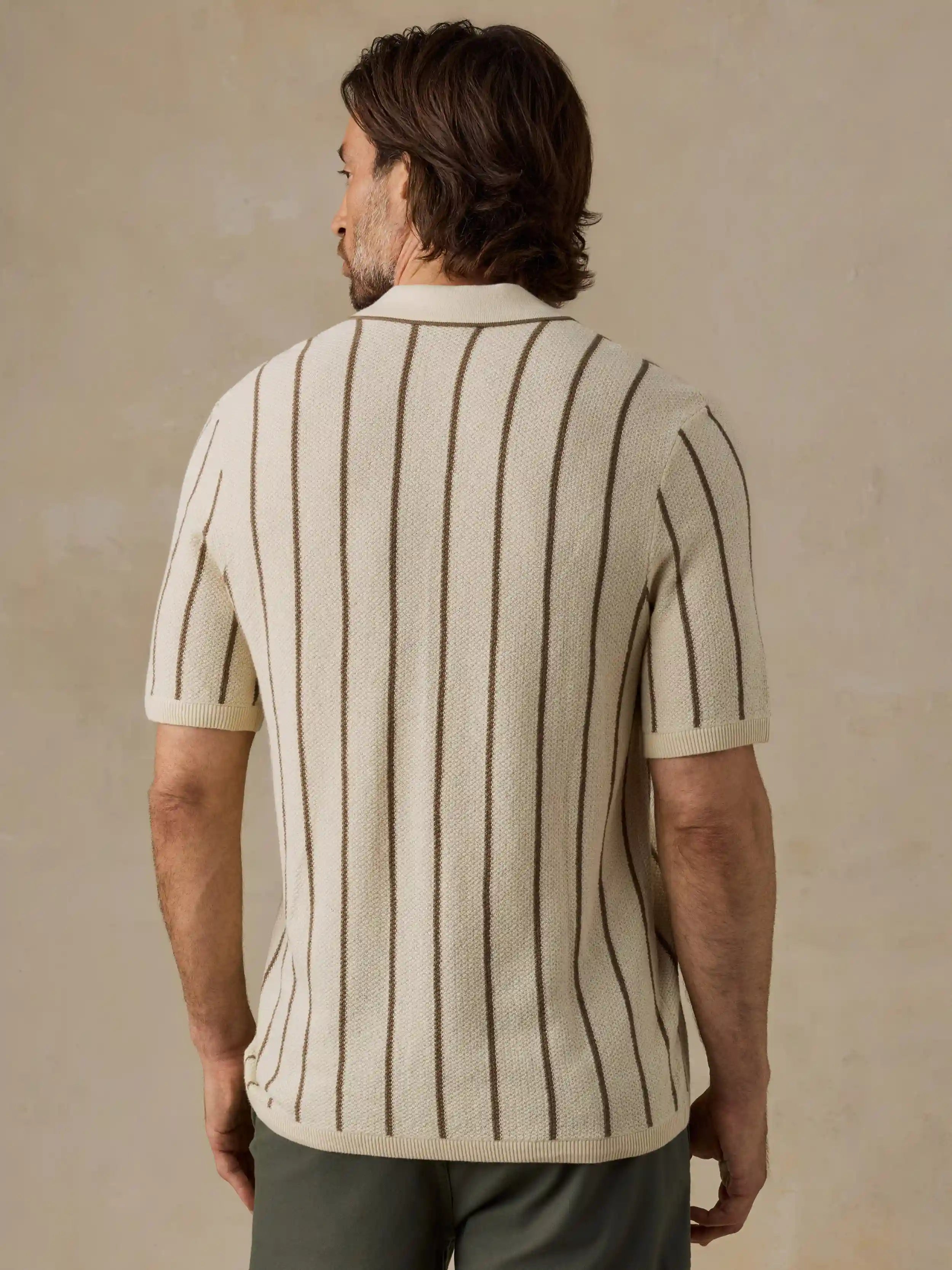 Short-Sleeve Sweater Shirt - Cream Walnut Stripe