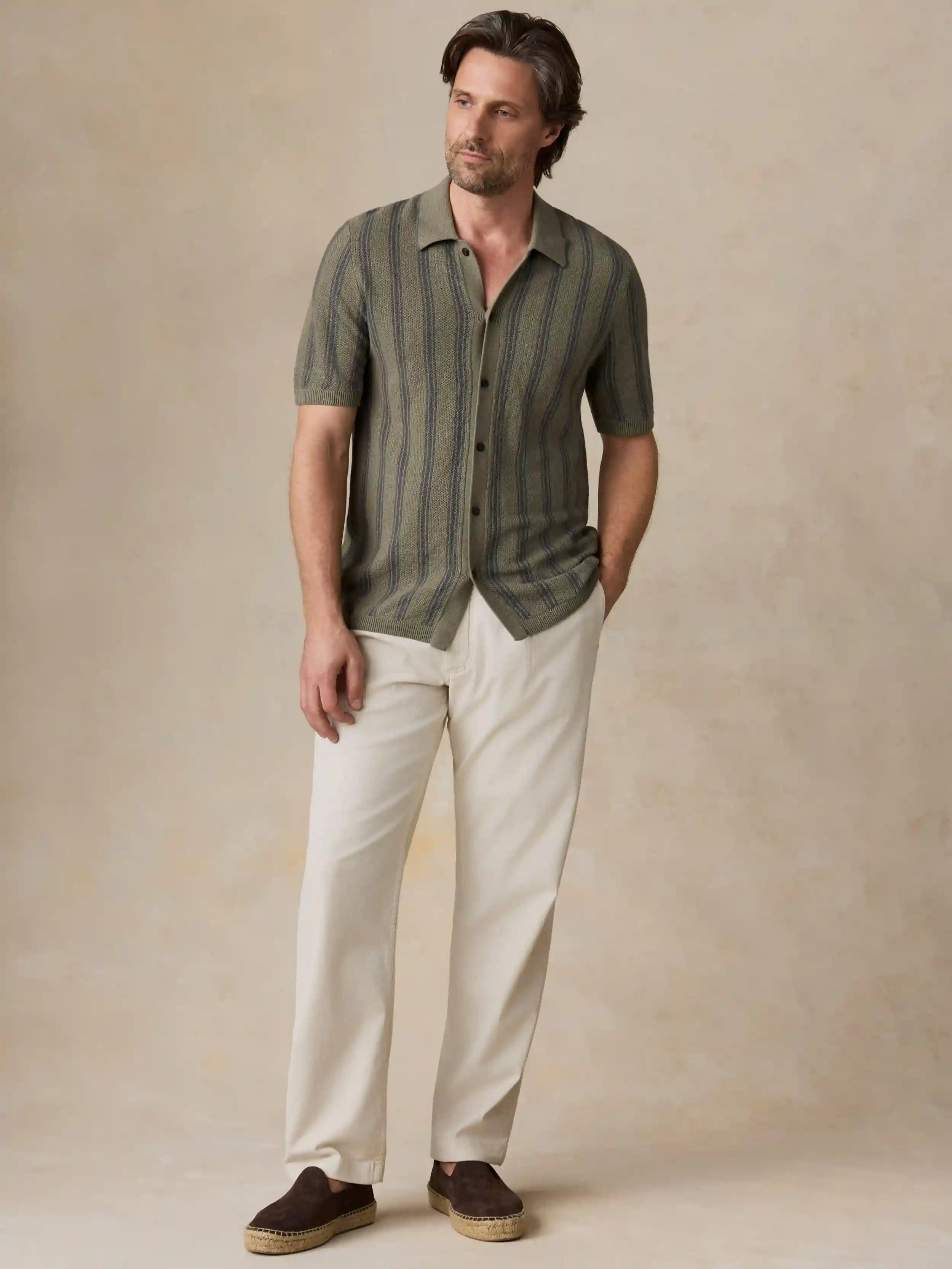 Short-Sleeve Sweater Shirt - Olive Safari Stripe