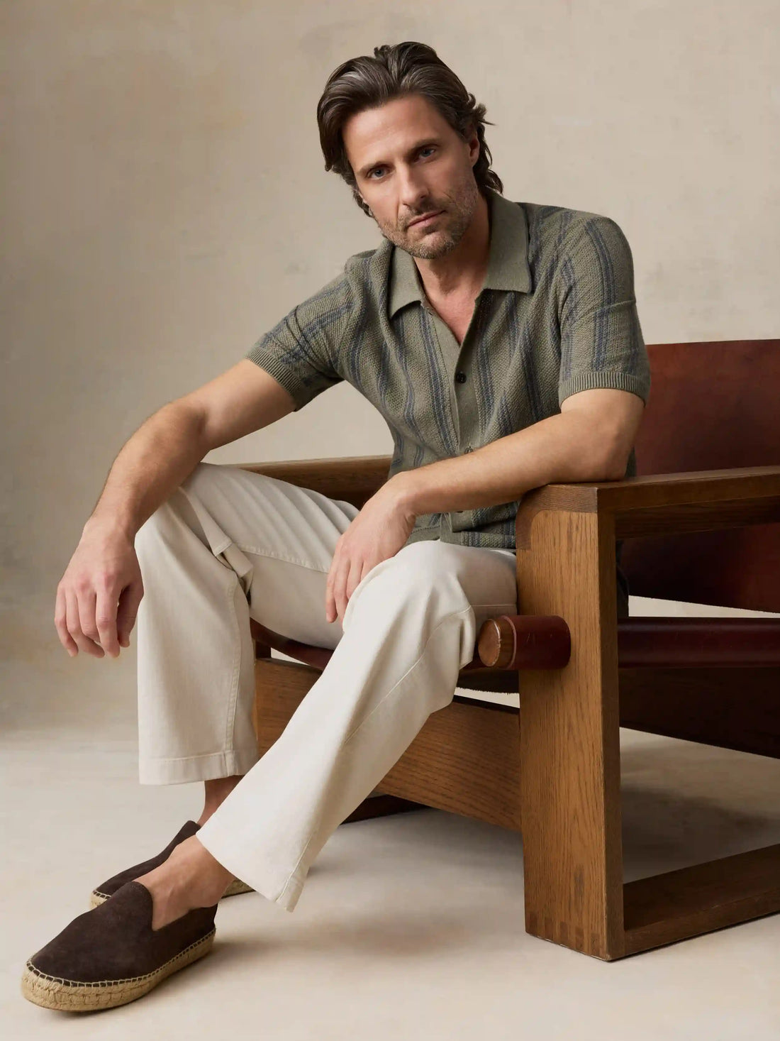 Short-Sleeve Sweater Shirt - Olive Safari Stripe