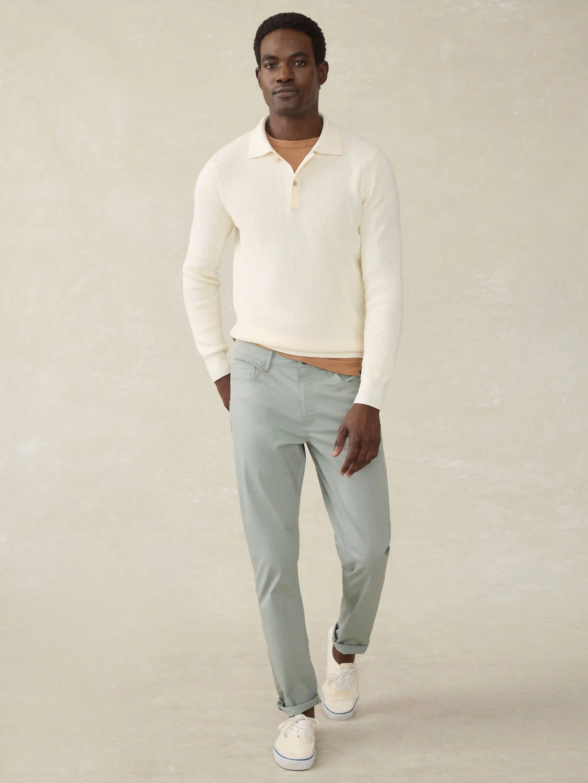 Long-Sleeve Sunwashed Sweater Polo - White Shell