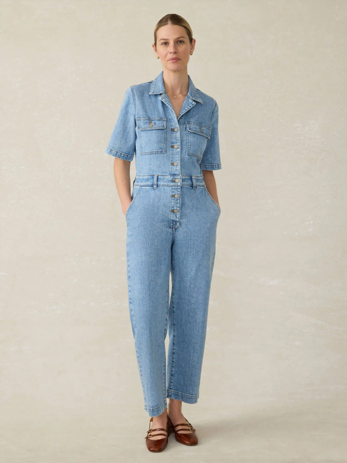 Denim Michelle Short-Sleeve Jumpsuit - Cloudlight Wash