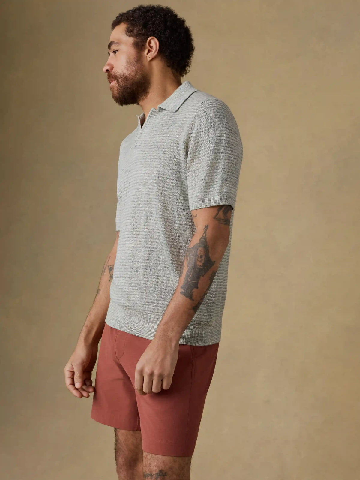 Short-Sleeve Linen Sweater Polo - Beach Tree Stripe