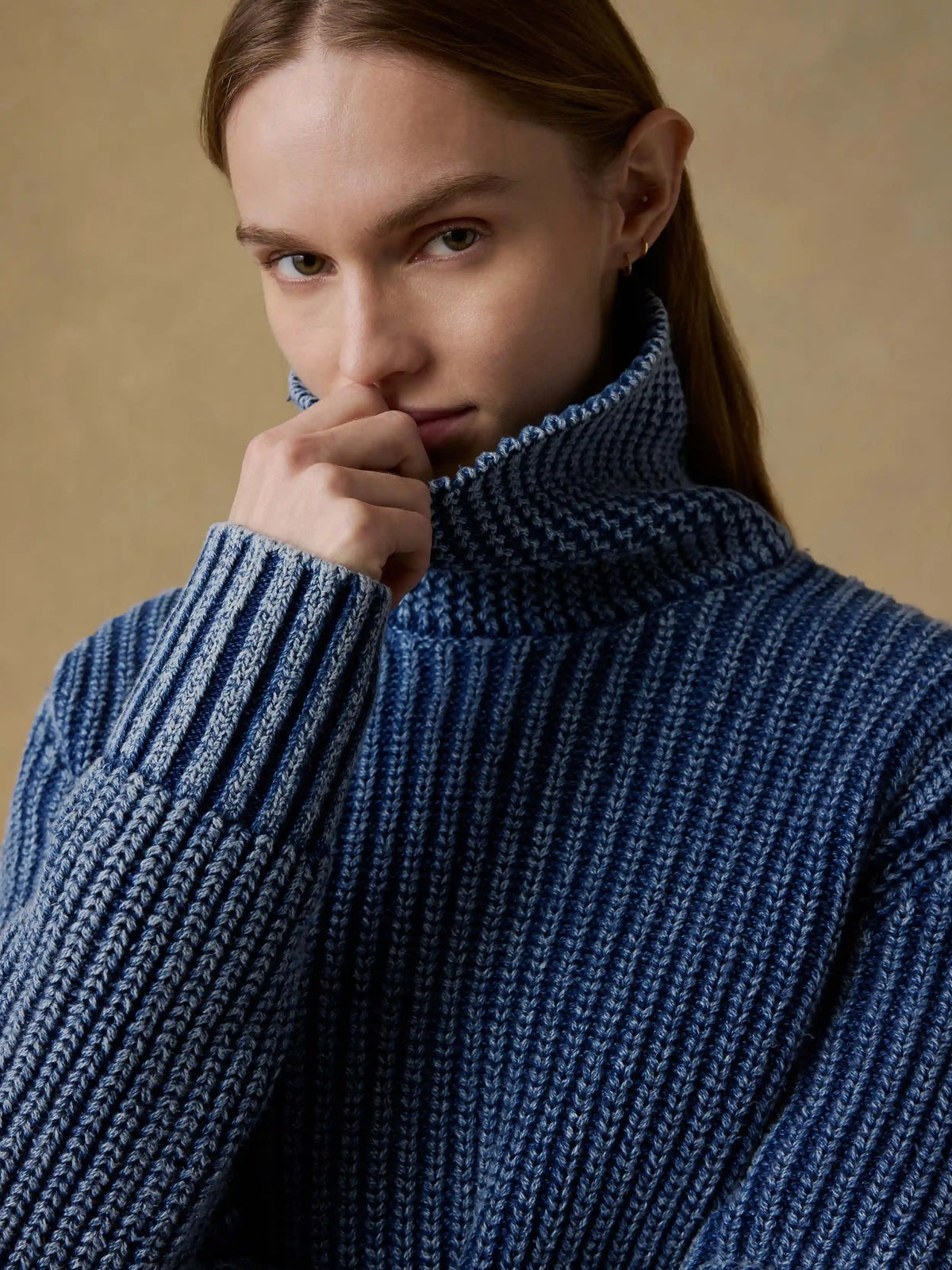 Sunwashed Cotton Oversized Turtleneck Sweater - Windcliff Indigo Wash