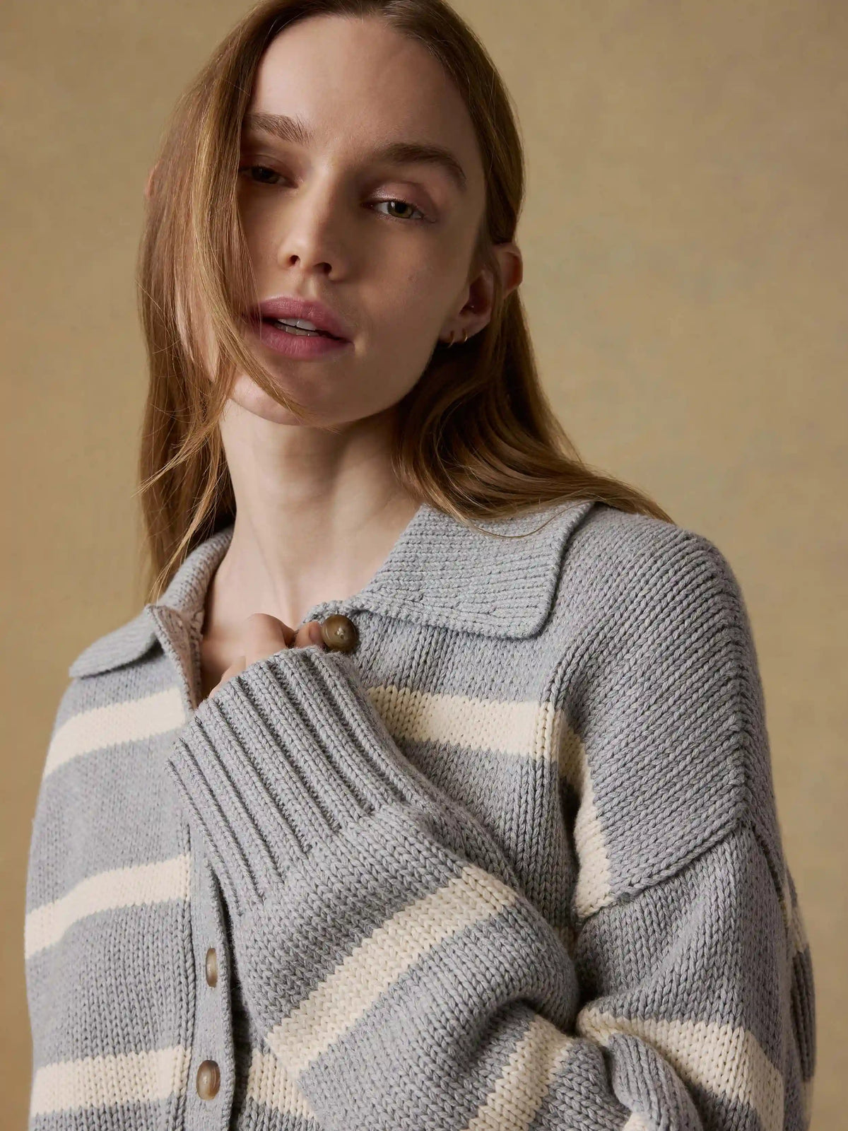Sunwashed Cotton Polo Sweater - Grey Heather Stripe