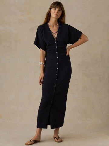 Cotton Hemp Maxi Dress - Black