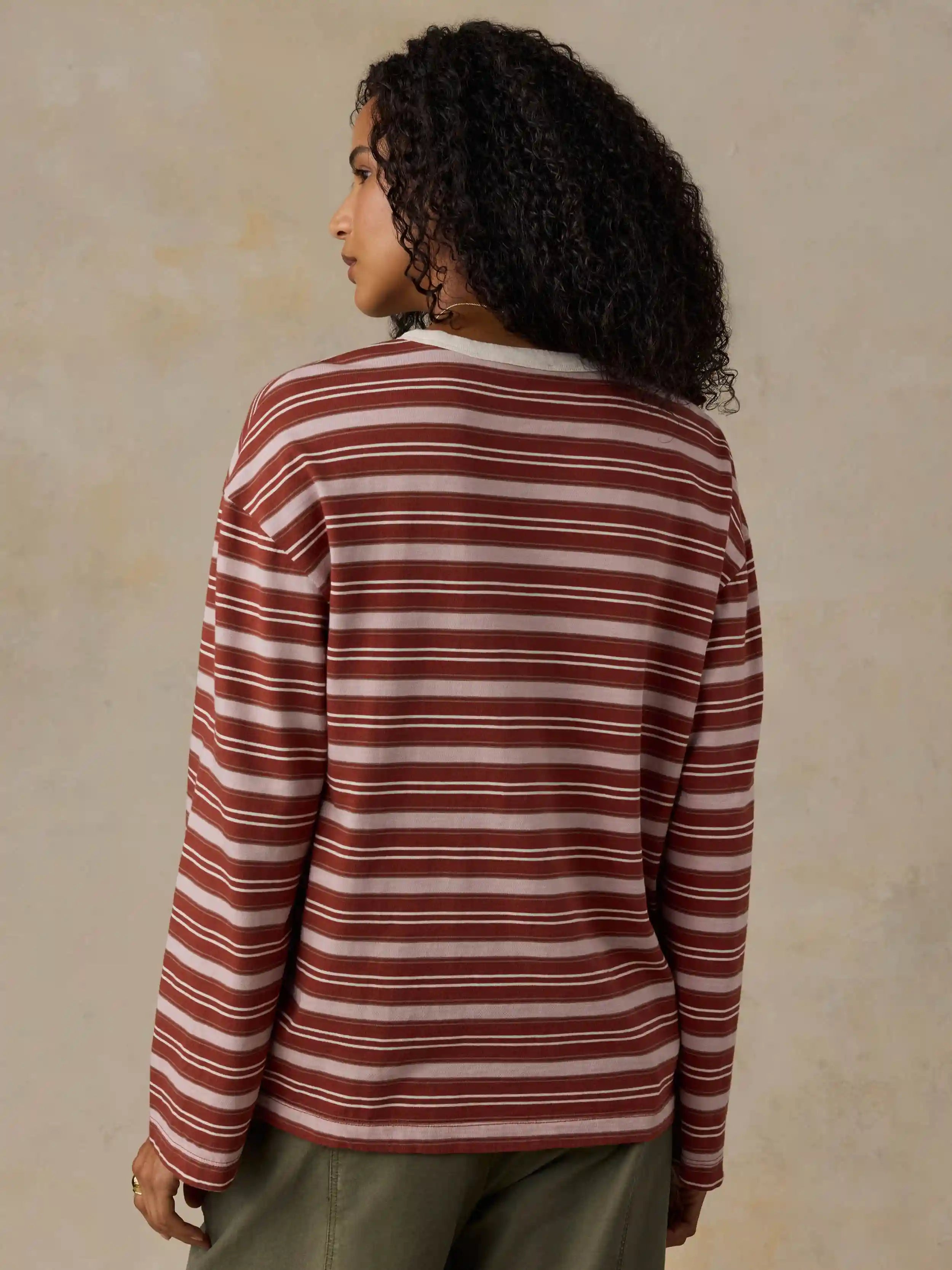 Sunwashed Long-Sleeve Retro Tee - Rosewood Stripe