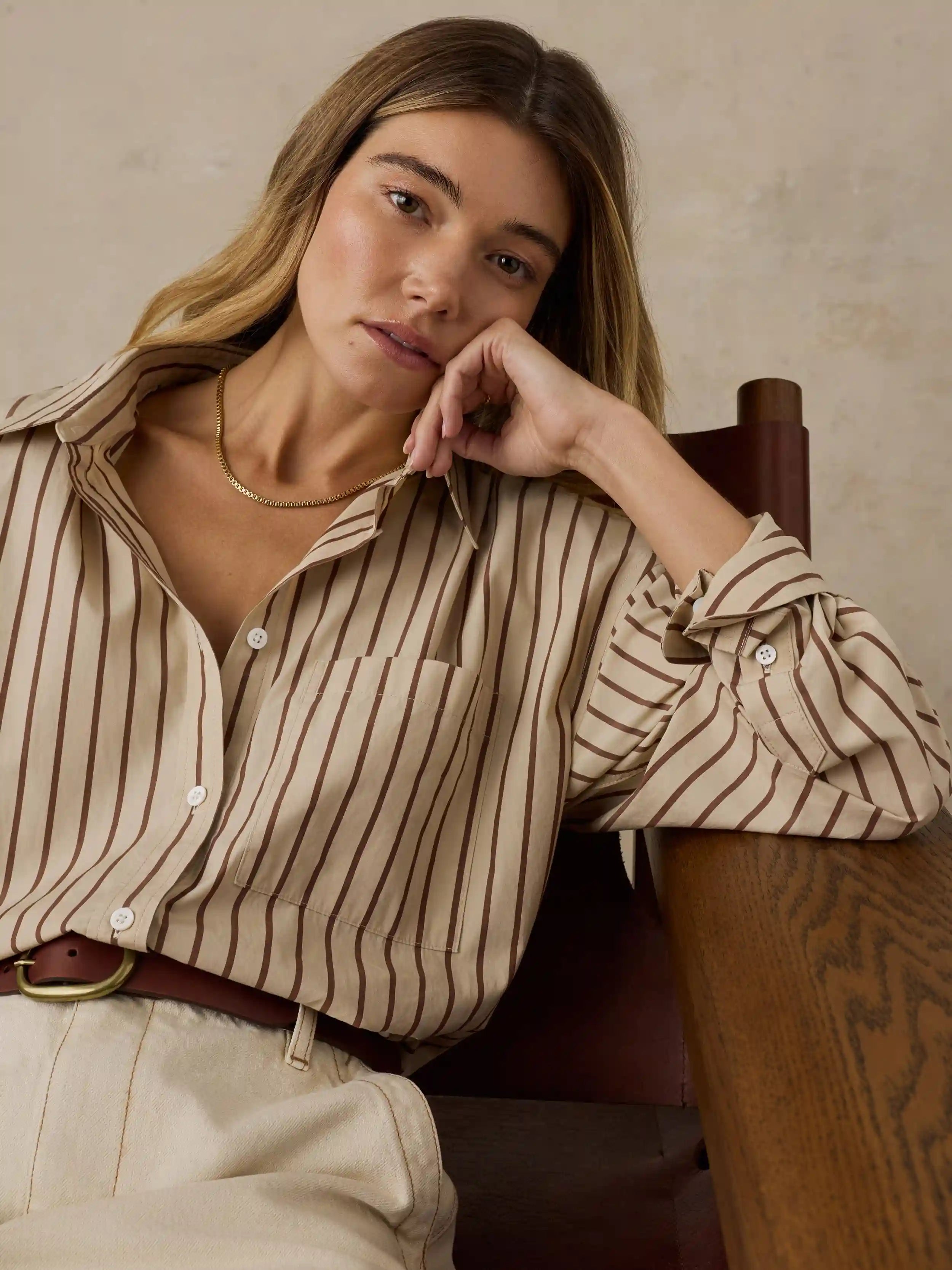 Coastal Poplin Oversized Shirt - Drift Sand Stripe