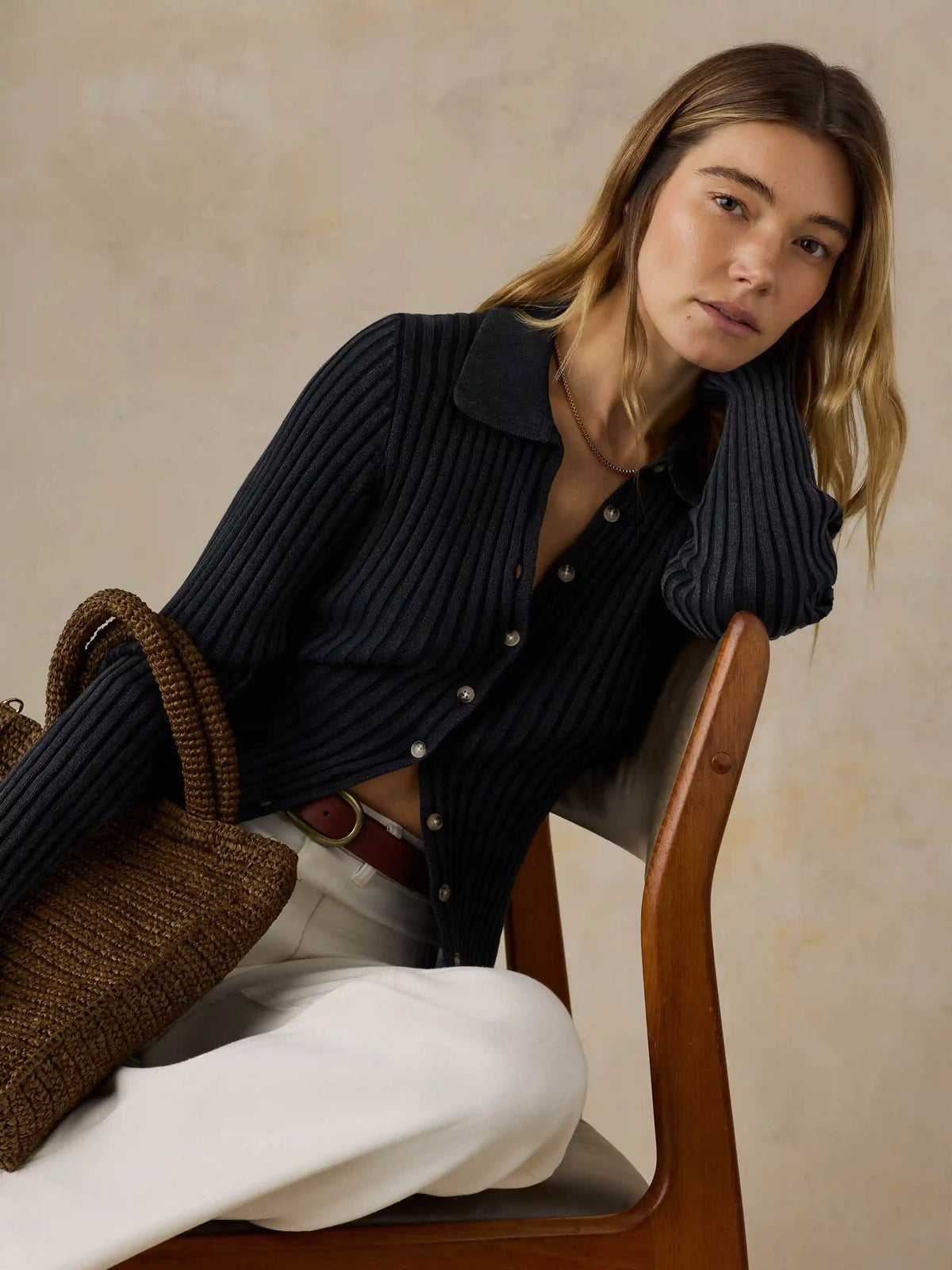 Sunwashed Cotton Ribbed Cardigan - Black