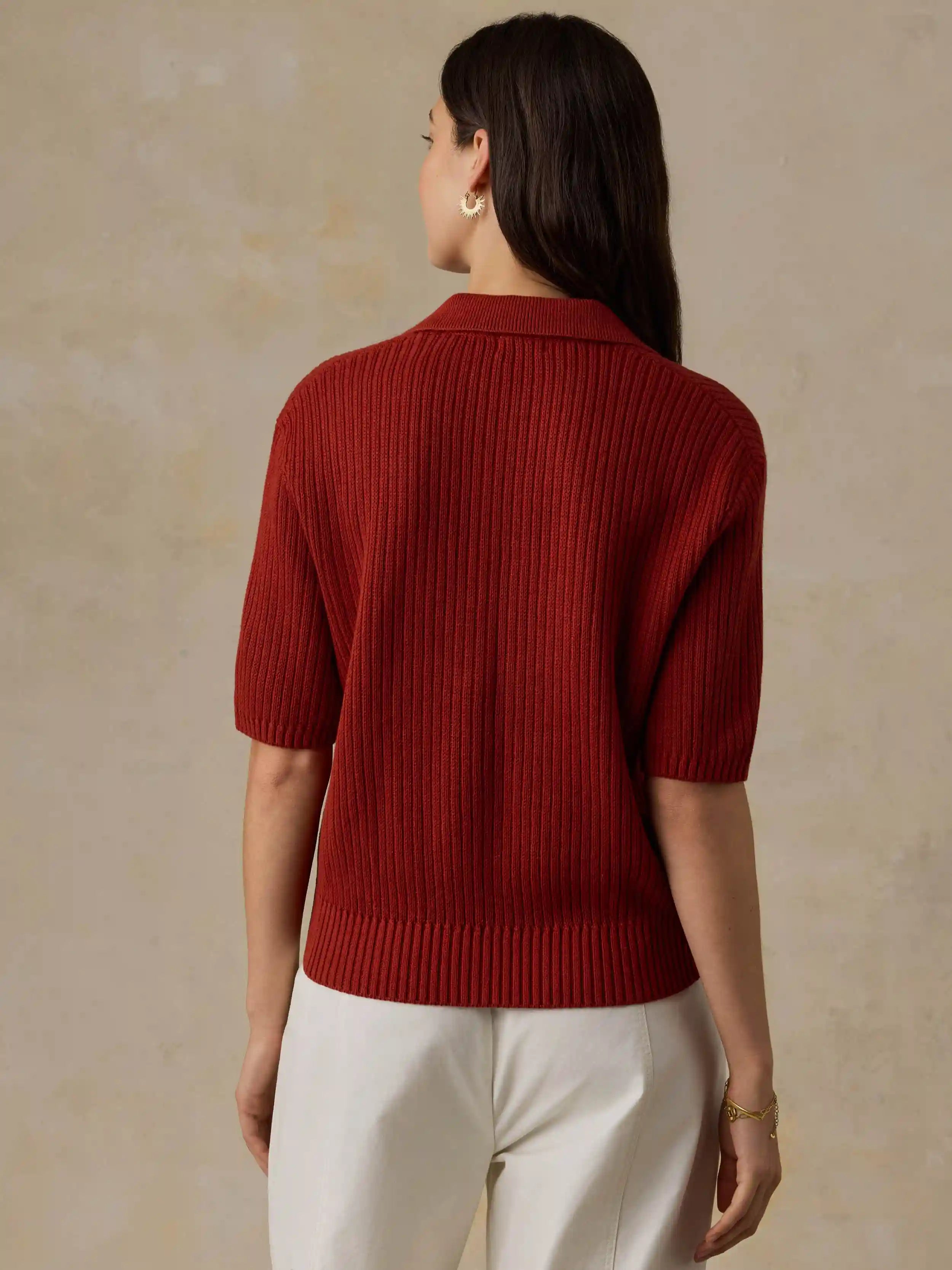 Miramar Linen Short-Sleeve Polo - Red Ochre