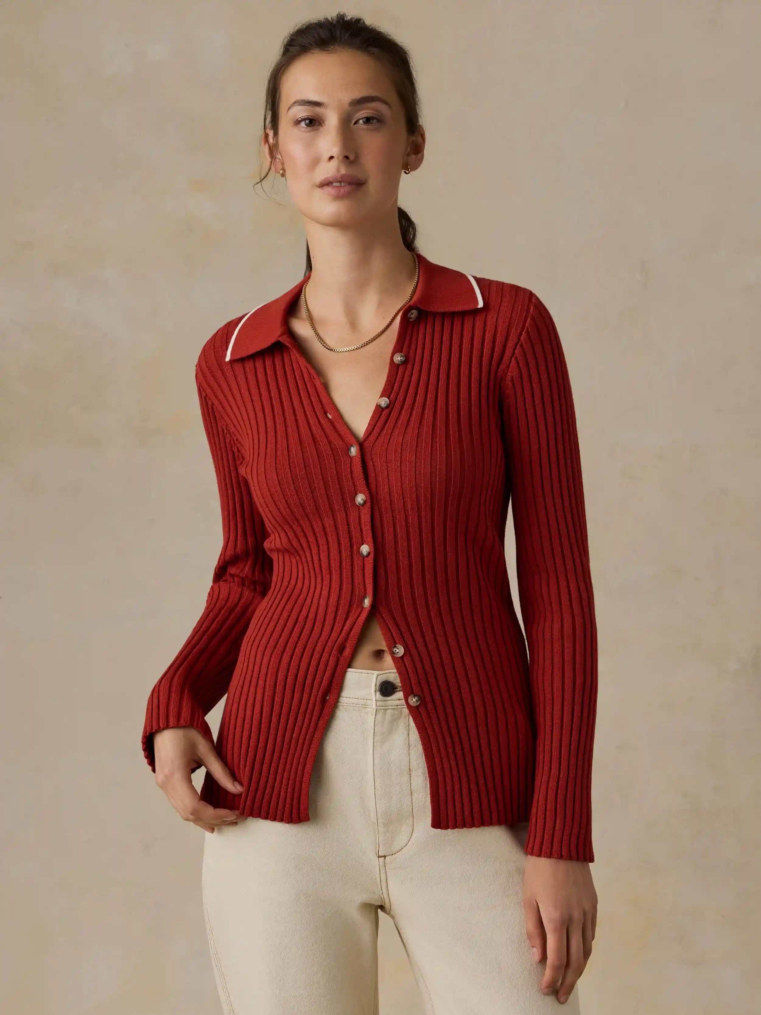 Sunwashed Cotton Ribbed Cardigan - Red Ochre