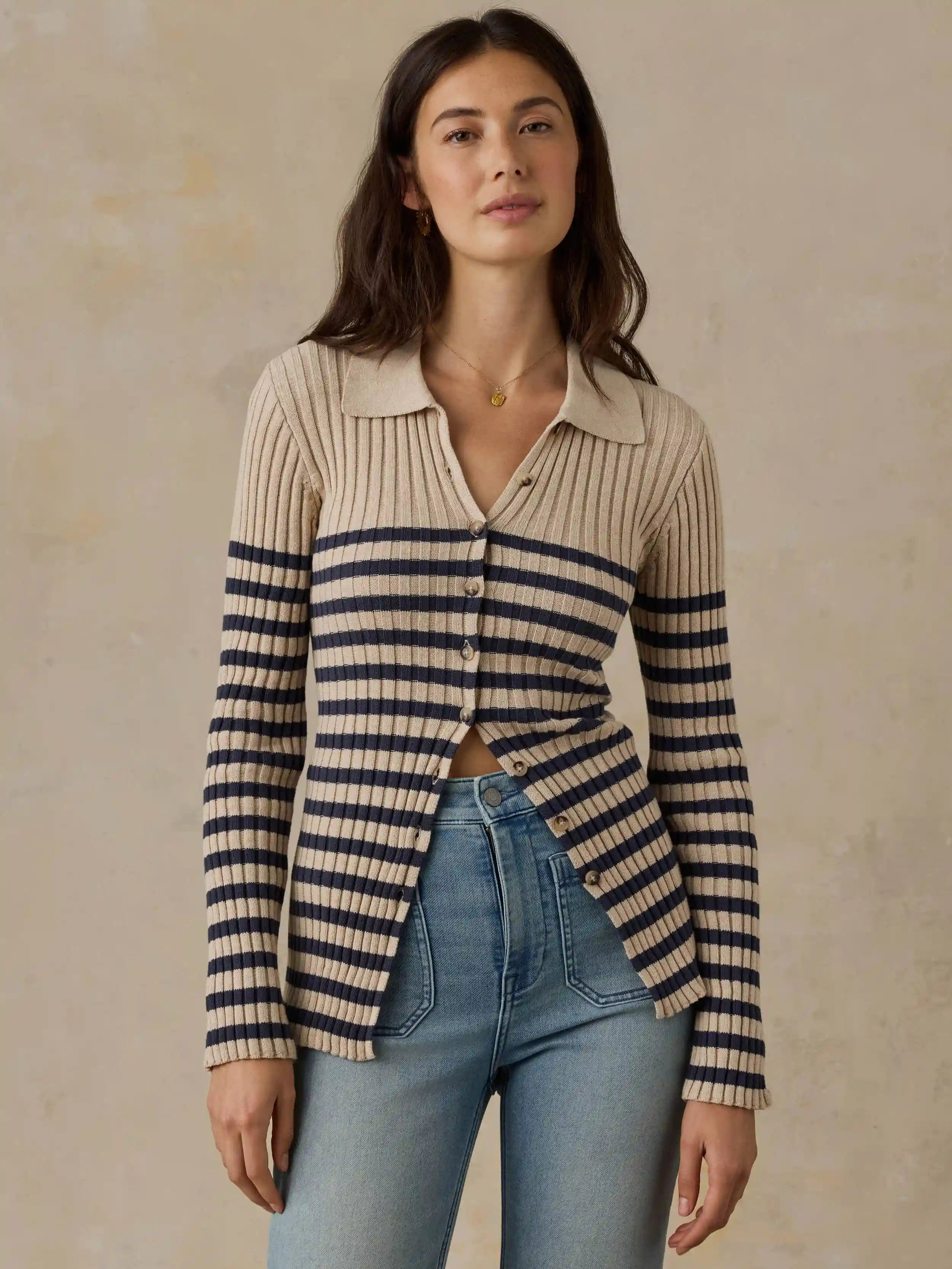 Sunwashed Cotton Ribbed Cardigan - Salted Navy Stripe
